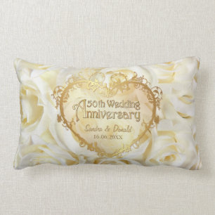 White Rose Elegance - 50th Wedding Anniversary Lumbar Cushion