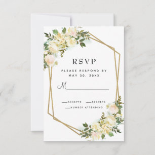 White Rose Elegant Floral Gold Frame Wedding White RSVP Card