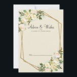 White Rose Elegant Floral Gold Wedding Newlywed Advice Card<br><div class="desc">Chic, elegant and formal Newlywed Wishes & Advice features romantic watercolor vanilla white roses with hints of blush pink displayed in leafy greenery on a timeless eggshell background. A sparkling golden colour geometric crystal-shaped frame provides a trendy touch. Personalise wedding design with your details in elegant charcoal grey lettering and...</div>