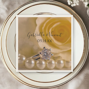 White Rose, Engagement Ring and Pearls Wedding Napkin