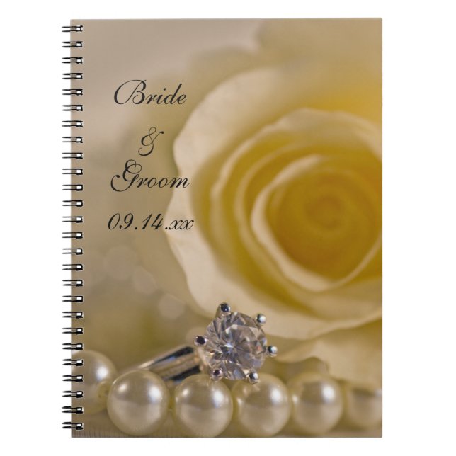 White Rose, Engagement Ring and Pearls Wedding Notebook (Front)
