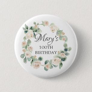 White Rose Eucalyptus Botanical 100TH Birthday 6 Cm Round Badge