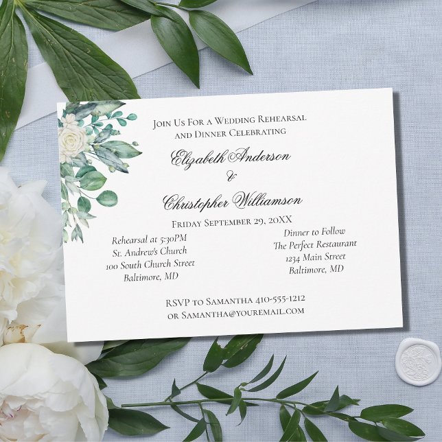 White Rose Eucalyptus Botanical Wedding Rehearsal Invitation (Creator Uploaded)