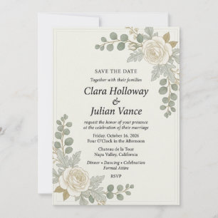 White Rose, Eucalyptus, Dusty Miller, Border Frame Invitation