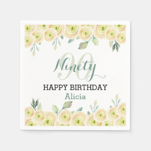 White Rose Eucalyptus Pretty Flora 90th Birthday Napkin