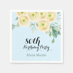 White Rose Flora Eucalyptus Blue 80th Birthday Napkin