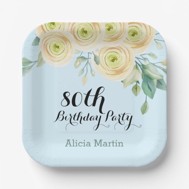 White Rose Flora Eucalyptus Blue 80th Birthday Paper Plate (Front)