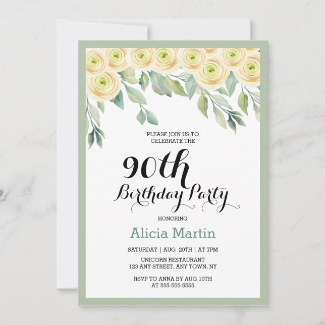White Rose Flora Eucalyptus Greenery 90th Birthday Invitation (Front)