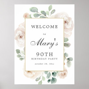 White Rose Floral 100th Birthday Welcome Sign