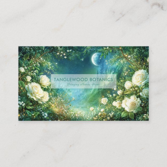 White Rose Floral and Full Moon Castle Night Business Card (Front)