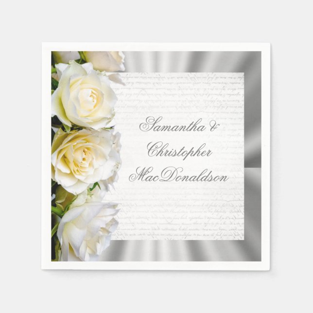 White rose floral and silver wedding napkin (Front)