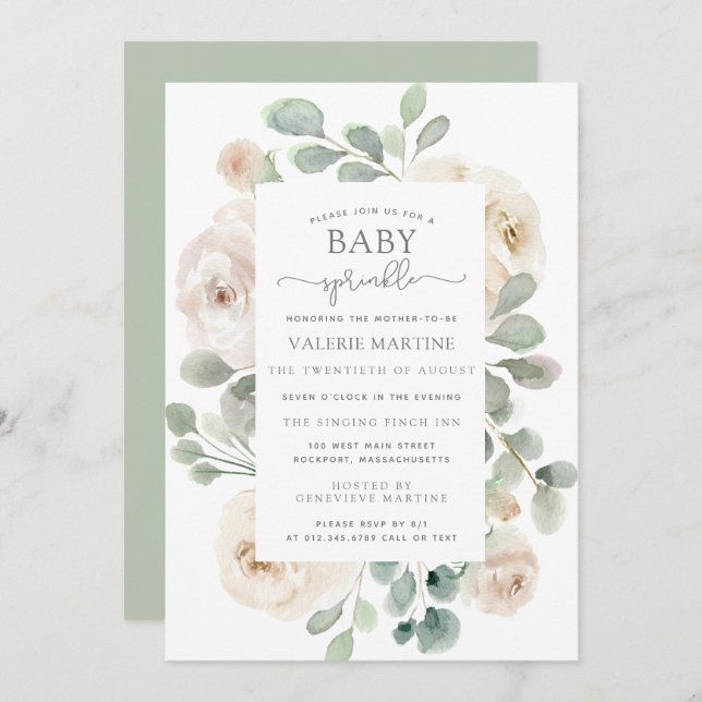 White Rose Floral Baby Sprinkle Invitation (Front/Back)