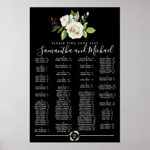 White Rose Floral Black Alphabetical Seating Chart