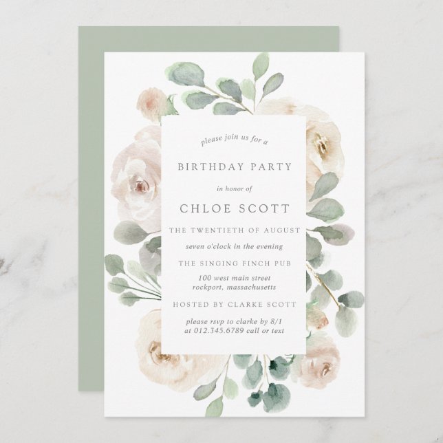 White Rose Floral Botanical Birthday Invitation (Front/Back)