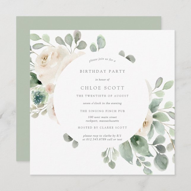 White Rose Floral Botanical Birthday Invitation (Front/Back)