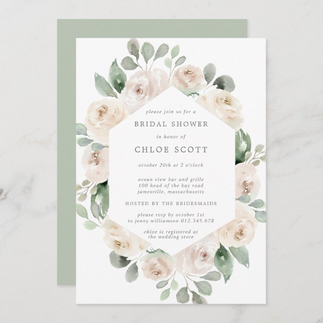 White Rose Floral Botanical Bridal Shower Invitation (Front/Back)