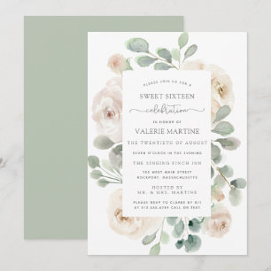 White Rose Floral Botanical Sweet Sixteen Party Invitation