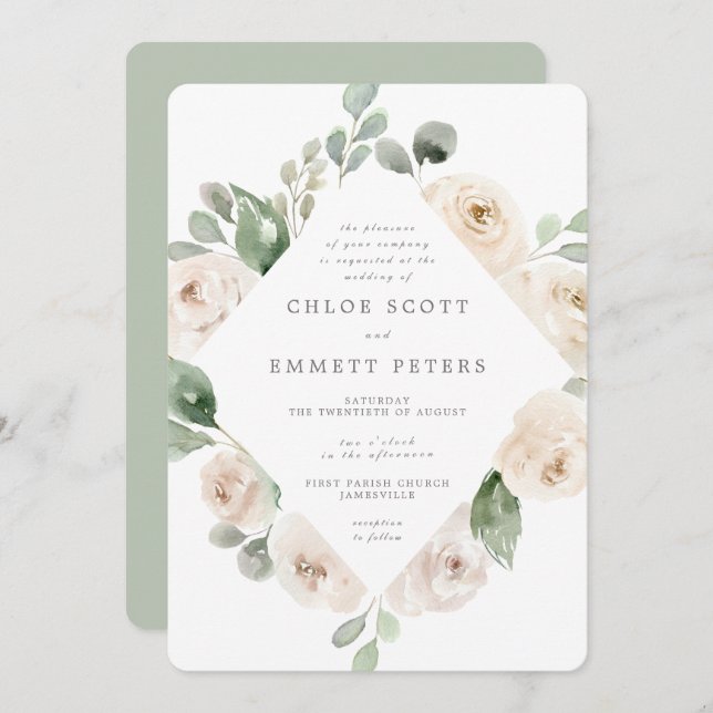 White Rose Floral Botanical Wedding Invitation (Front/Back)