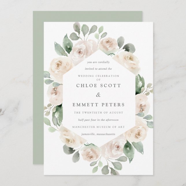 White Rose Floral Botanical Wedding Invitation (Front/Back)