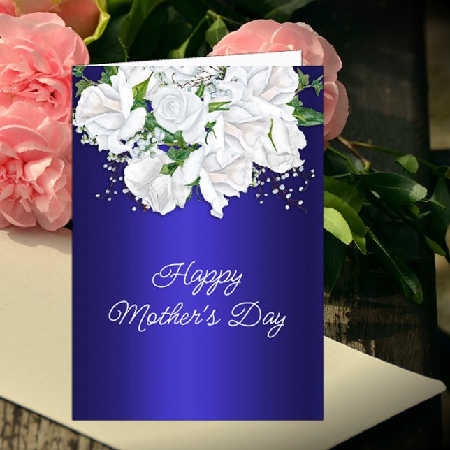 White Rose Floral Bouquet Dark Blue Mother's Day Card (Creator Uploaded)