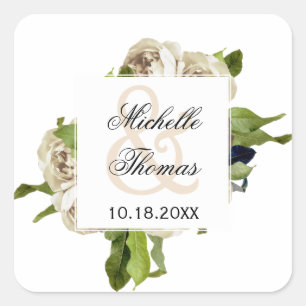 White Rose Floral Bouquet Wedding Square Sticker