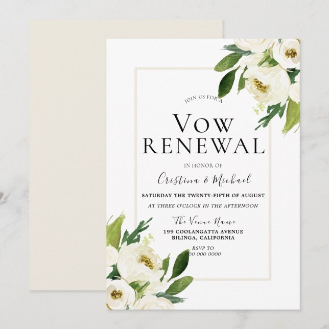White Rose Floral Cream Vow Renewal Invitation (Front/Back)