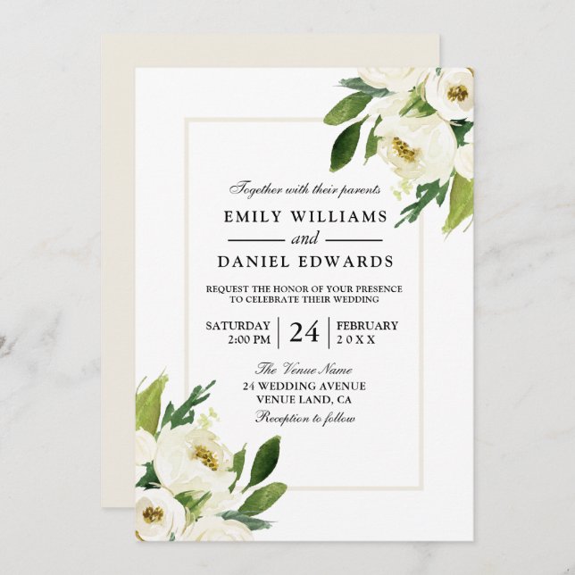 White Rose Floral Cream Wedding Invitation (Front/Back)