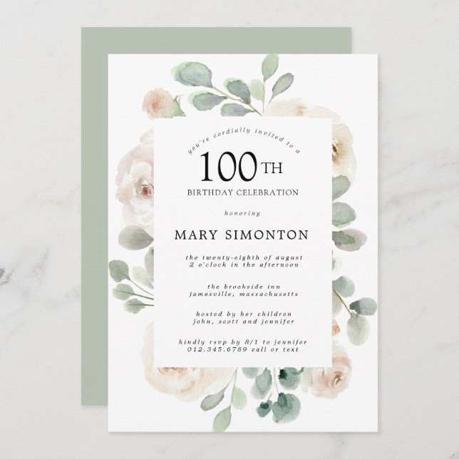 White Rose Floral Eucalyptus 100th Birthday Party Invitation (Front/Back)
