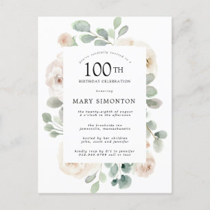 White Rose Floral Eucalyptus 100th Birthday Party  Invitation Postcard
