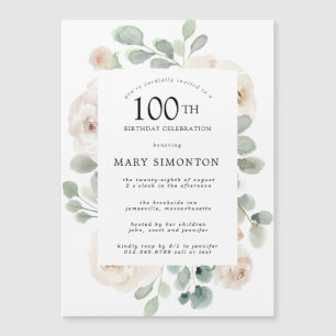 White Rose Floral Eucalyptus 100th Birthday Party Magnetic Invitation