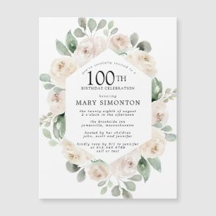 White Rose Floral Eucalyptus 100th Birthday Party  Magnetic Invitation