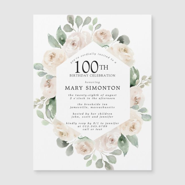 White Rose Floral Eucalyptus 100th Birthday Party  Magnetic Invitation (Front)