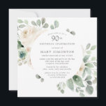 White Rose Floral Eucalyptus 90th Birthday Party Invitation<br><div class="desc">Honour a special woman with this elegant 90th Birthday party invitation. White roses nestled in soft sage green eucalyptus leaves form a modern botanical frame. All of the text can be edited,  so you can describe your special celebration perfectly</div>