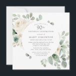 White Rose Floral Eucalyptus 90th Birthday Party Invitation<br><div class="desc">Honour a special woman with this elegant 90th Birthday party invitation. White roses nestled in soft sage green eucalyptus leaves form a modern botanical frame. All of the text can be edited,  so you can describe your special celebration perfectly</div>