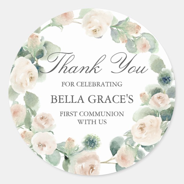 White Rose Floral First Communion Thank You Classic Round Sticker (Front)