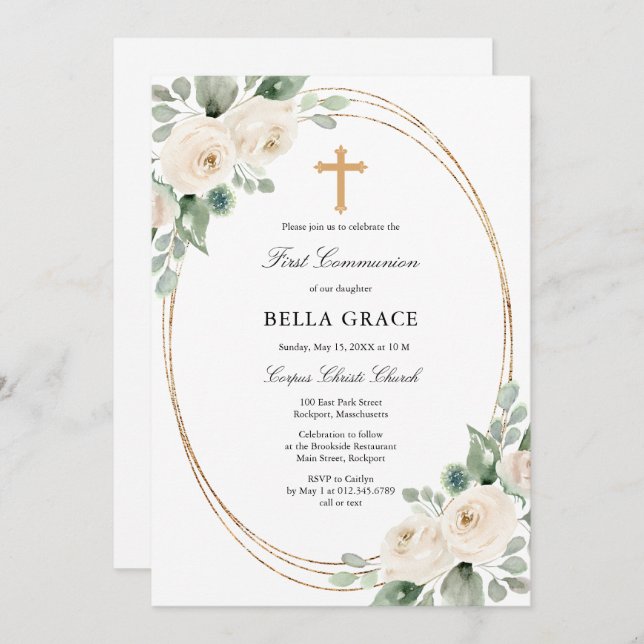White Rose Floral First Holy Communion Invitation (Front/Back)