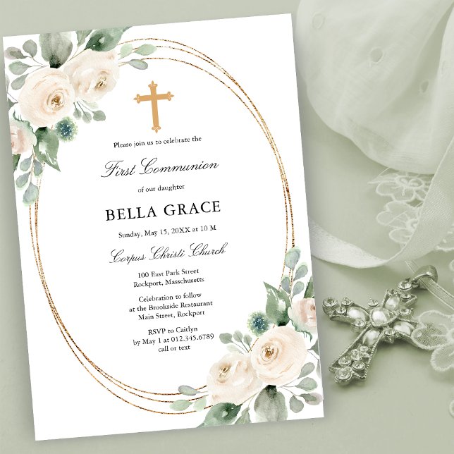 White Rose Floral First Holy Communion Invitation (Creator Uploaded)