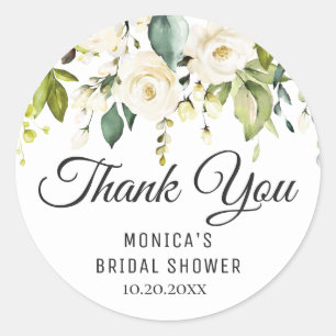 White Rose Floral Greenery Bridal Shower Thank You Classic Round Sticker