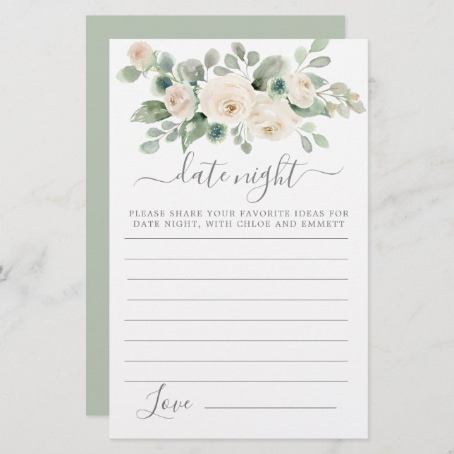 White Rose Floral Greenery Date Night Card (Front/Back)