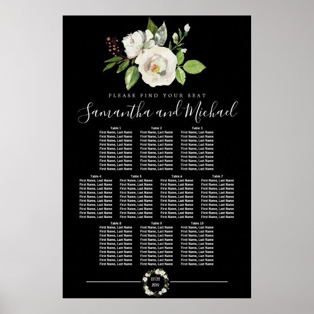 White Rose Floral on Black 10-Table Seating Chart (Front)