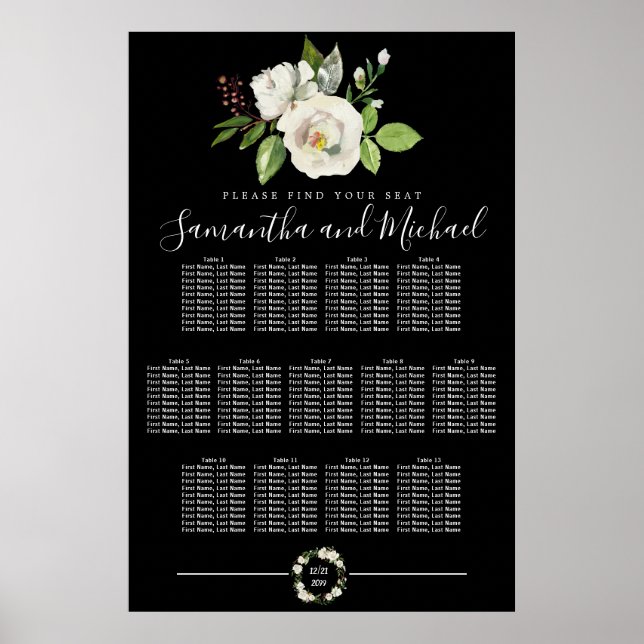 White Rose Floral on Black 13-Table Seating Chart (Front)