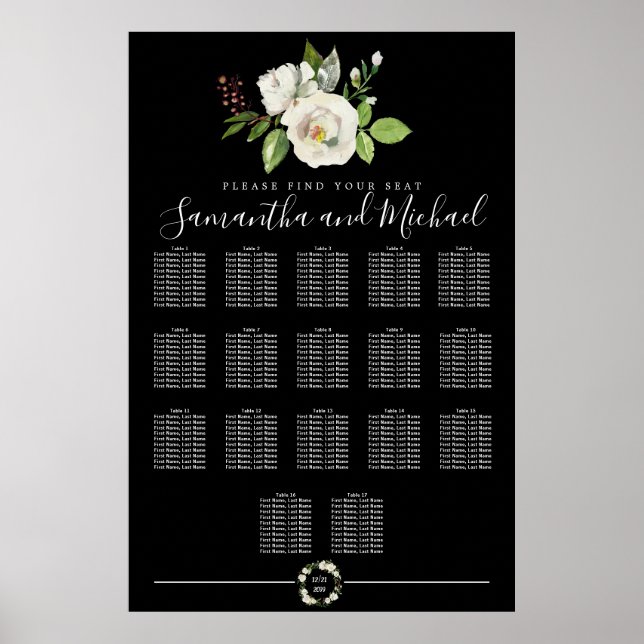 White Rose Floral on Black 17-Table Seating Chart (Front)