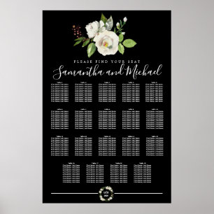 White Rose Floral on Black 19-Table Seating Chart