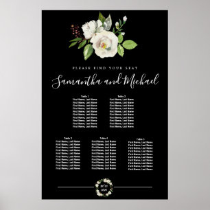White Rose Floral on Black 5-Table Seating Chart