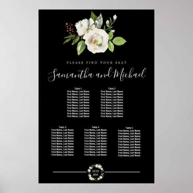 White Rose Floral on Black 5-Table Seating Chart (Front)