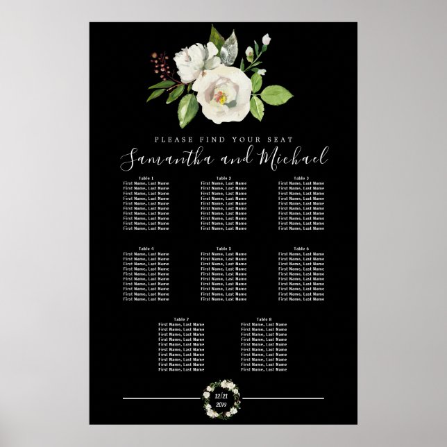 White Rose Floral on Black 8-Table Seating Chart (Front)