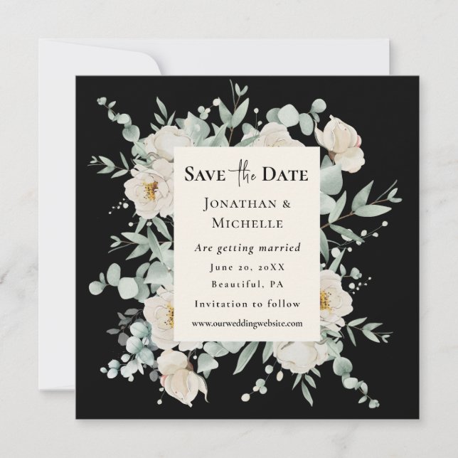 White Rose Floral on Black Wedding Christian Bible Save The Date (Front)