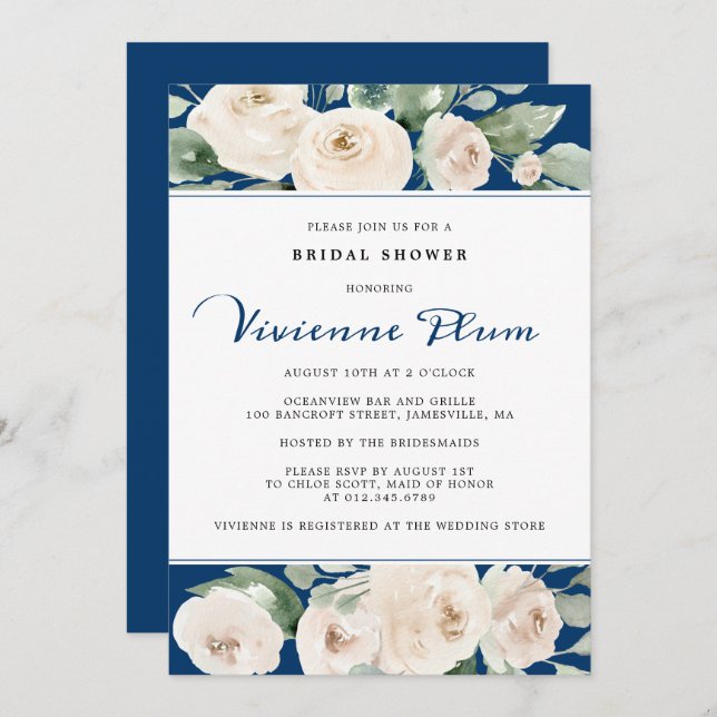 White Rose Floral on Navy Blue Bridal Shower Invitation (Front/Back)