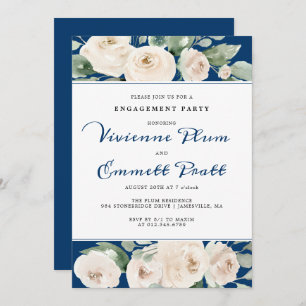 White Rose Floral on Navy Blue Engagement Party Invitation