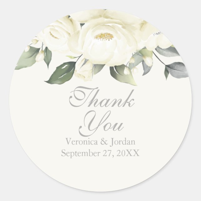 White Rose Floral Thank You Stickers (Front)